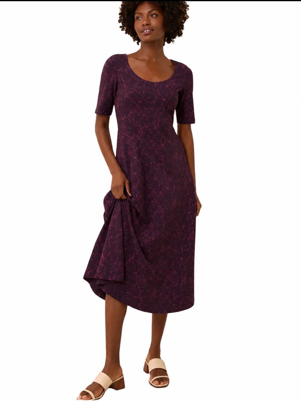 Pact Organic Cotton Fit & Flare Midi Dress XL Floral Purple Scoop Neck Pockets